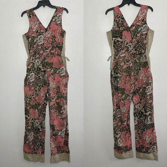 WARM Jumpsuit Womens Medium Floral V-Neck Sleeveless Green Pink Wide Leg Pockets - Picture 2 of 11